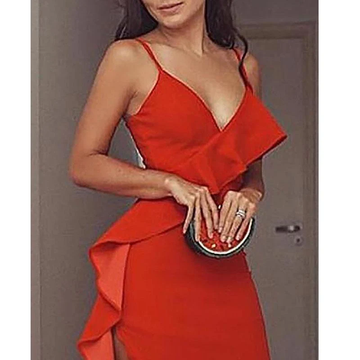 Halter Ruffles Hem High Slit Party Dress Women Spaghetti Strap V Neck Sexy Long Prom Dress HZ1023